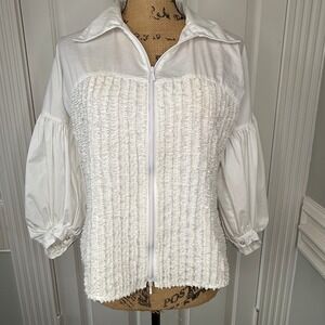 SAMUEL DONG White Textured‎ Ruffle Zip Up Collared Shirt Jacket Women's Small
